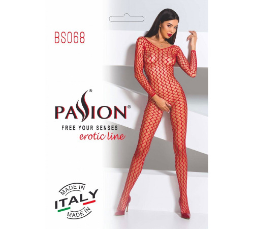 Бодістокінг Passion BS068 red, комбінезон, велика сітка, довгий рукав