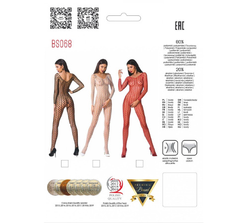 Бодістокінг Passion BS068 red, комбінезон, велика сітка, довгий рукав