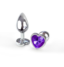 Металева анальна пробка Серце S з Бузковим кристалом, довжина 7см, діаметр 2,8см
