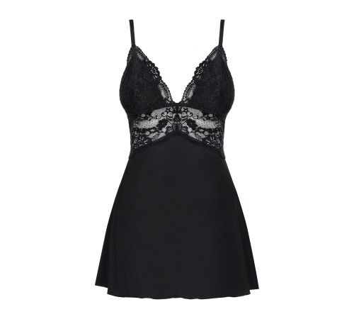 Сатиновый пеньюар с кружевом Obsessive 810-BAB-1 babydoll & thong L/XL, черный, пеньюар, танга