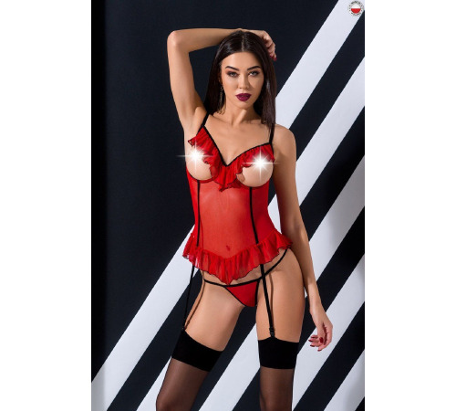 Корсет с открытой грудью CHERRY CORSET red XXL/3XL -Passion Exclusive, трусики, пажи, стрэпы, оборки