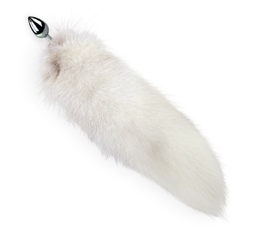 Металева анальна пробка з Білим шикарним хвостом з натурального хутра, розмір S