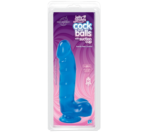 Фаллоимитатор Doc Johnson Jelly Jewels Cock & Balls Blue, диаметр 3,6см, антибактериальный ПВХ
