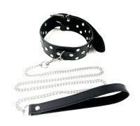Ошейник с поводком из натуральной кожи Art of Sex - Jenna Collor с заклепками и стразами, черный