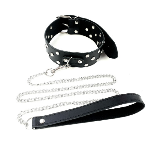 Ошейник с поводком из натуральной кожи Art of Sex - Jenna Collor с заклепками и стразами, черный