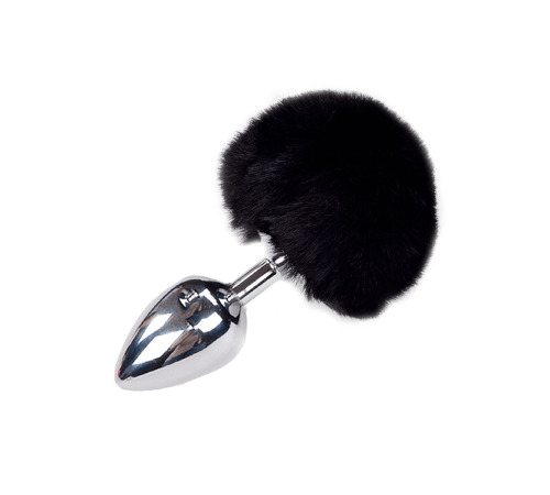 Металлическая анальная пробка Кроличий хвостик Alive Fluffy Plug L Black, диаметр 3,9 см