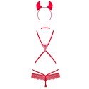 Эротический костюм чертика из стреп Obsessive Evilia teddy red S/M, боди, чокер, накладки на соски, рожки