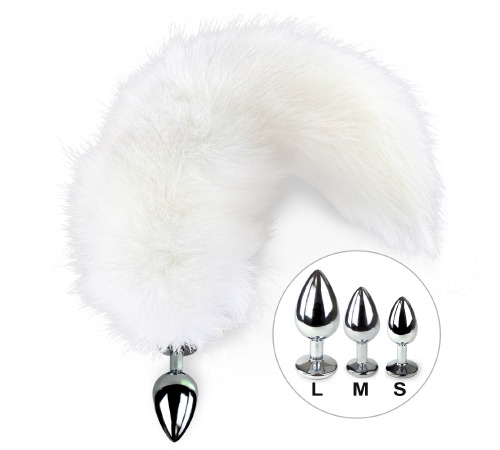 Металева анальна пробка з Білим шикарним хвостом з натурального хутра, розмір S