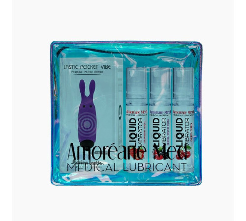 Набор из 3-х вкусов стимулирующего лубриканта Amoreane Med (3х10мл) и вибропули Adrien Lastic Purple