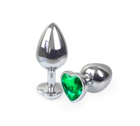 Металлическая анальная пробка Сердце М с Темно зеленым кристаллом , длина 8см, диаметр 3,4см