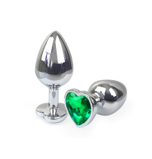 Металева анальна пробка Серце М із Темно зеленим кристалом, довжина 8см, діаметр 3,4см