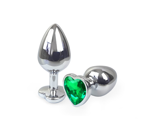 Металева анальна пробка Серце М із Темно зеленим кристалом, довжина 8см, діаметр 3,4см