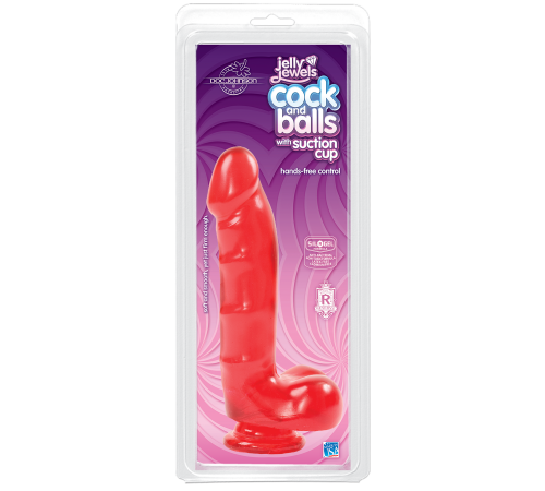 Фаллоимитатор Doc Johnson Jelly Jewels Cock & Balls Red, диаметр 3,6см, антибактериальный ПВХ