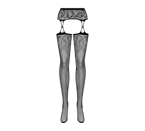 Панчохи-стокінги із рослинним малюнком Obsessive Garter stockings S206 black S/M/L чорні, імітація