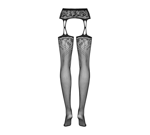 Панчохи-стокінги із рослинним малюнком Obsessive Garter stockings S206 black S/M/L чорні, імітація