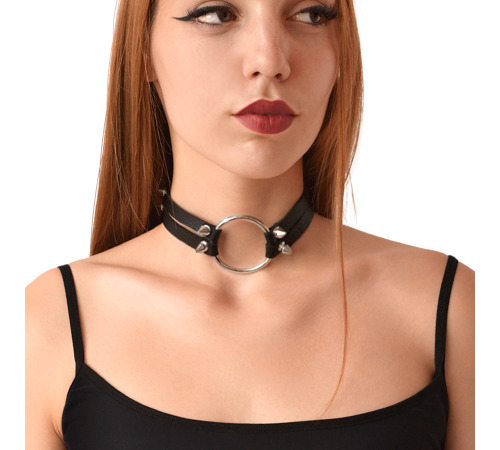 Чокер кільце з шипами з натуральної шкіри Art of Sex - Ruby, Чорний