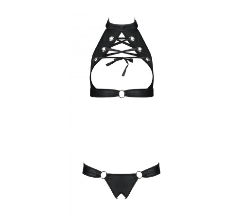 Комплект із еко-шкіри Passion Malwia Set with Open Bra black L/XL: топ і трусики з люверсами