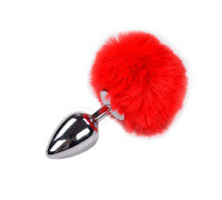 Металлическая анальная пробка Кроличий хвостик Alive Fluffy Plug L Red, диаметр 3,9 см