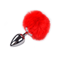 Металлическая анальная пробка Кроличий хвостик Alive Fluffy Plug L Red, диаметр 3,9 см