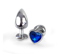 Металева анальна пробка Серце М із Темно Синім кристалом, довжина 8см, діаметр 3,4см