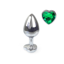 Металева анальна пробка Серце М із Темно зеленим кристалом, довжина 8см, діаметр 3,4см
