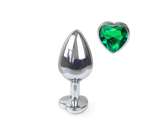 Металева анальна пробка Серце М із Темно зеленим кристалом, довжина 8см, діаметр 3,4см