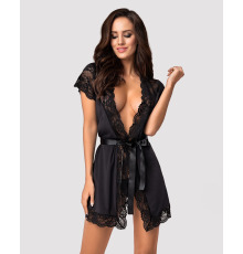 Сатиновый открытый пеньюар на поясе Obsessive 810-PEI–1 peignoir black XXL, черный