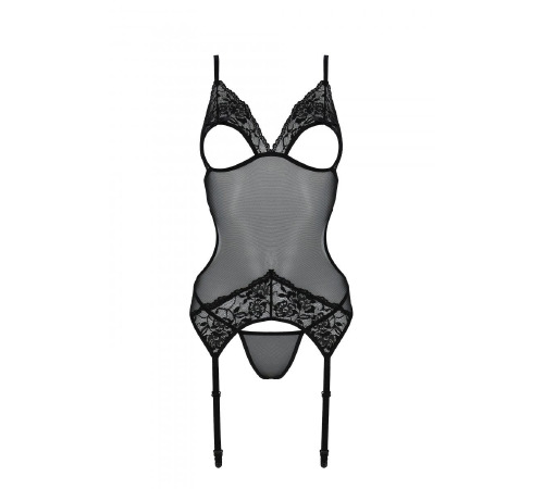 Корсет Passion Christa Corset black L/XL: з підв'язками та ажурним ліфом, стрінги у комплекті