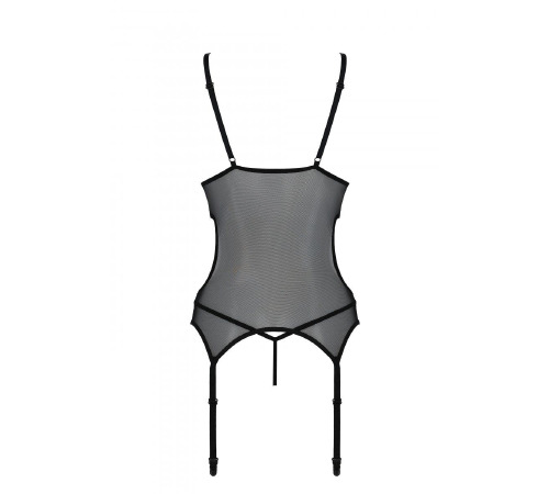 Корсет Passion Christa Corset black L/XL: з підв'язками та ажурним ліфом, стрінги у комплекті