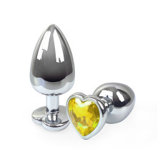 Металлическая анальная пробка Сердце L с Желтым кристаллом , длина 9см, диаметр 4см