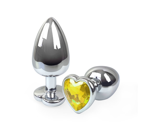 Металева анальна пробка Серце L з Жовтим кристалом, довжина 9см, діаметр 4см