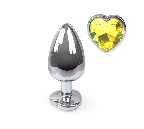 Металева анальна пробка Серце L з Жовтим кристалом, довжина 9см, діаметр 4см