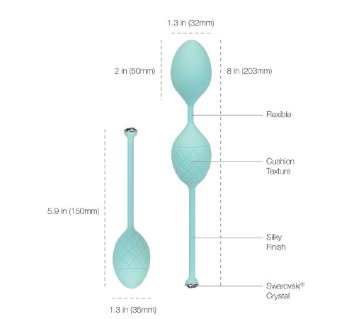 Роскошные вагинальные шарики PILLOW TALK - Frisky Teal с кристаллом, диаметр 3,2см, вес 49-75г