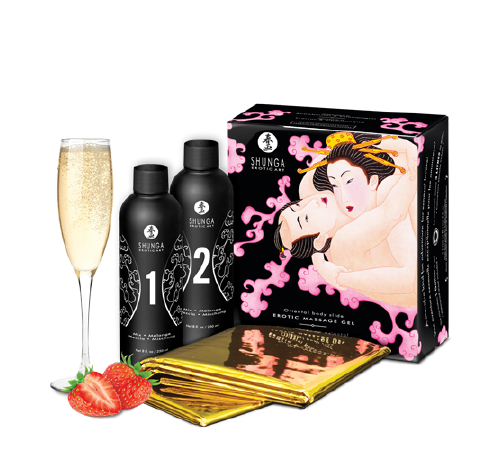 Гель для NURU массажа Shunga Oriental Body-to-Body - Sparkling Strawberry Wine плюс простыня