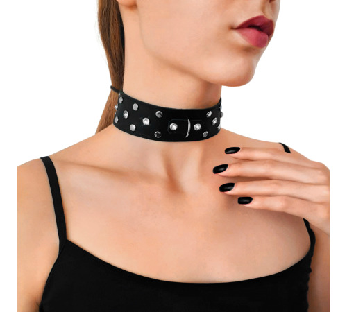 Нашийник з натуральної шкіри із заклепками та стразами Art of Sex - Jenna Collor, Чорний