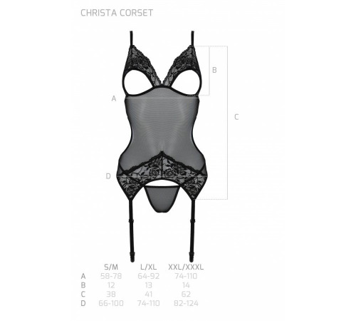 Корсет Passion Christa Corset black L/XL: з підв'язками та ажурним ліфом, стрінги у комплекті