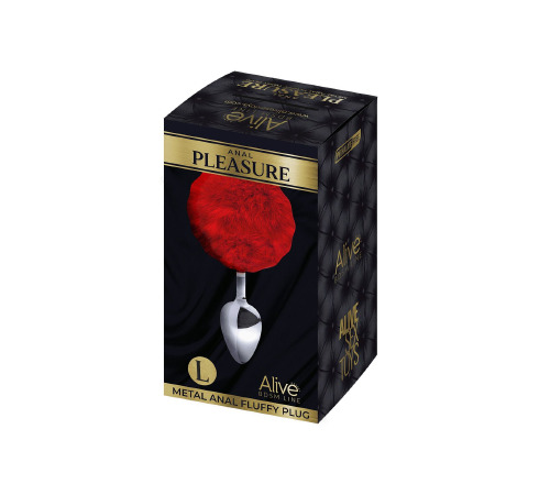Металлическая анальная пробка Кроличий хвостик Alive Fluffy Plug L Red, диаметр 3,9 см