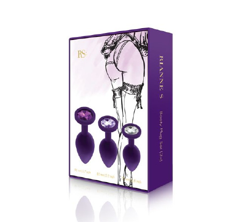 Набір силіконових анальних пробок із кристалом Rianne S: Booty Plug Set Purple, діаметр 2,7см, 3,5см