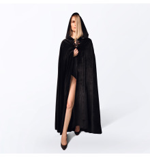 Длинный чёрный бархатный плащ с капюшоном – мантия для ведьмы, вампира или Хэллоуина