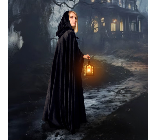 Довгий чорний оксамитовий плащ із капюшоном – мантія для відьми, вампіра або Геловіну