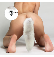 Металева анальна пробка з Білим шикарним хвостом з натурального хутра, розмір L