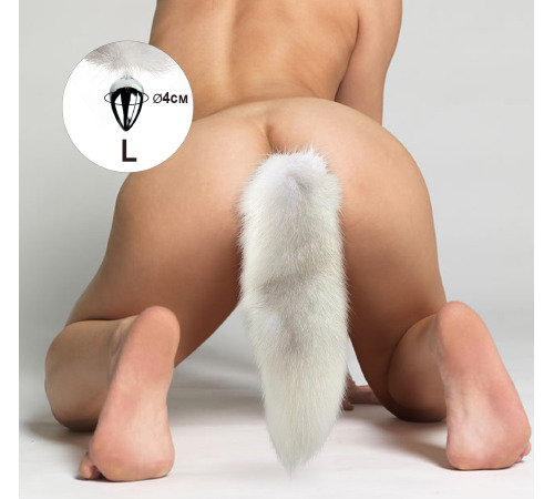 Металева анальна пробка з Білим шикарним хвостом з натурального хутра, розмір L