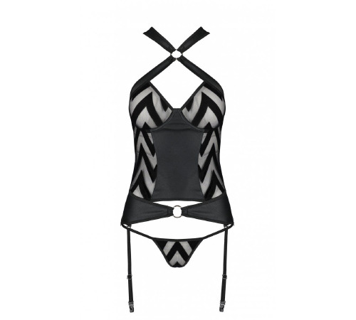 Сітчастий комплект із візерунком Hima Corset black L/XL - Passion, корсет з халтером, підв'язки, трусики