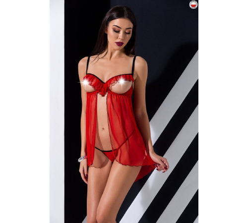 Прозрачный пеньюар с открытой грудью CHERRY CHEMISE red XXL/XXXL - Passion Exclusive, трусики