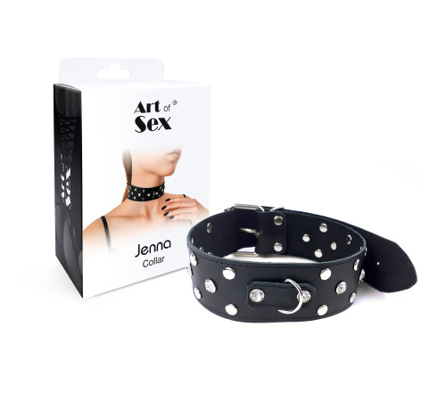 Нашийник з натуральної шкіри із заклепками та стразами Art of Sex - Jenna Collor, Чорний