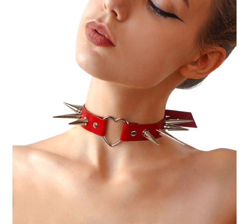 Чокер сердце с большими шипами, из натуральной кожи Art of Sex - Crystal, цвет Красный