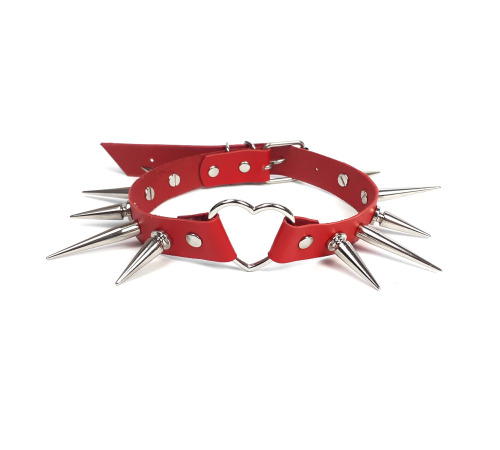 Чокер сердце с большими шипами, из натуральной кожи Art of Sex - Crystal, цвет Красный