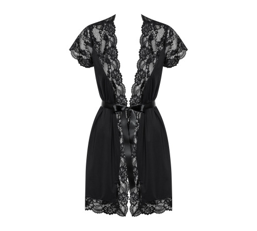 Сатиновый открытый пеньюар на поясе Obsessive 810-PEI–1 peignoir black S/M, черный