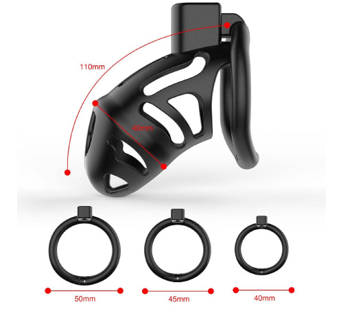 Клетка для пениса LOCKINK SEVANDA Plastic Penis Chastity Cage, черная, 3 кольца разных размеров