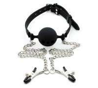 Кляп силіконовий повітропровідна куля із затискачами для сосків, Чорний